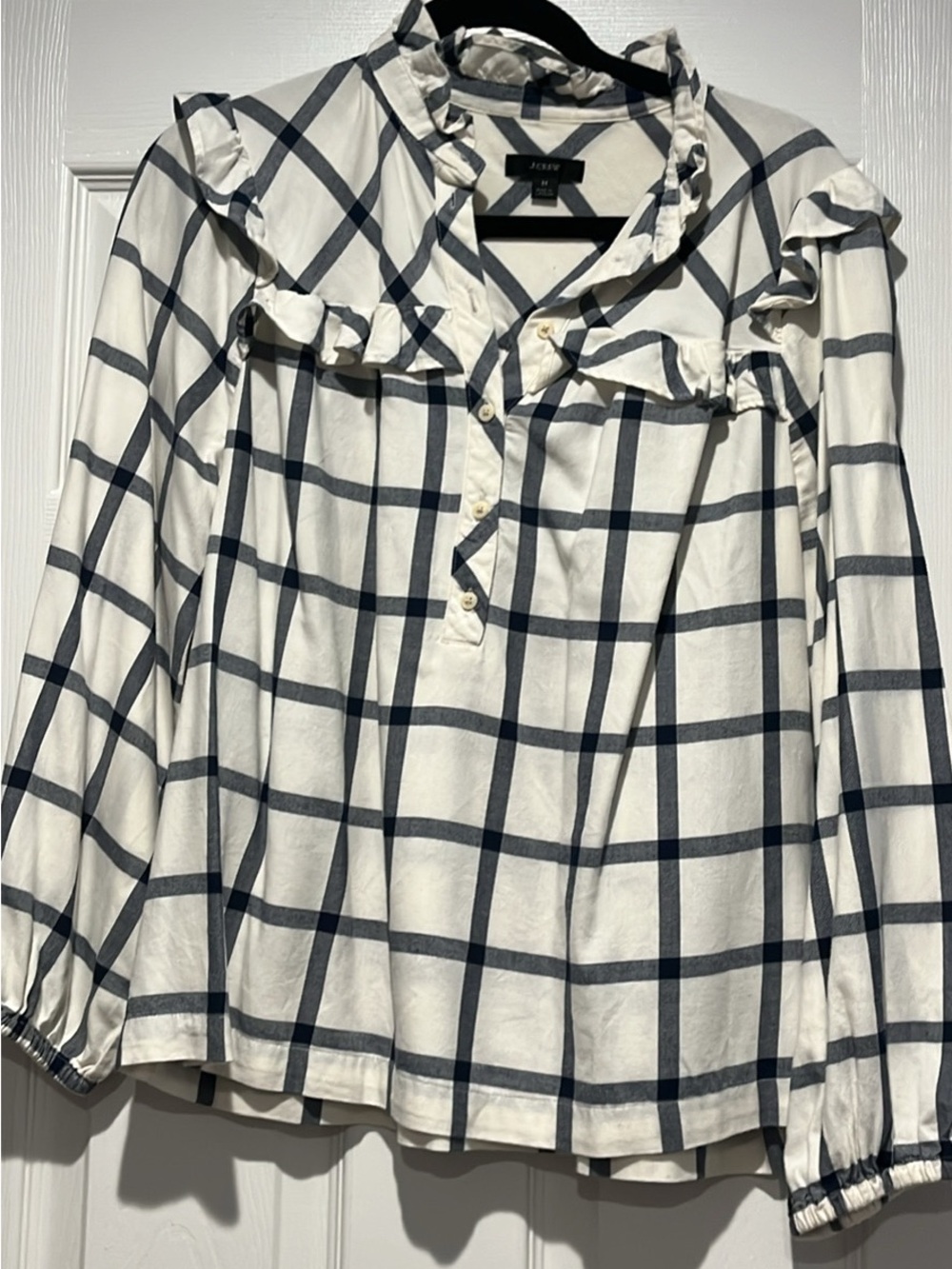 White & Navy Plaid Ruffle Detail 3/4-Sleeve Top